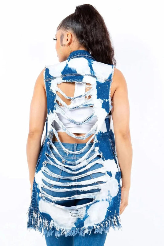 American Bazi Distressed Frayed Edge Longline Denim Vest - ShalayeFashion