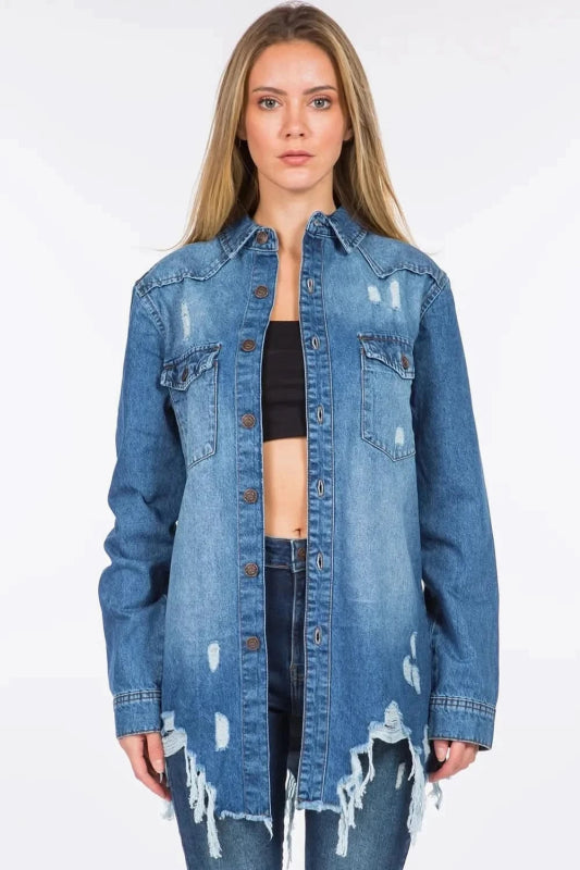 American Bazi Distressed Frayed Hem Denim Jacket - ShalayeFashion