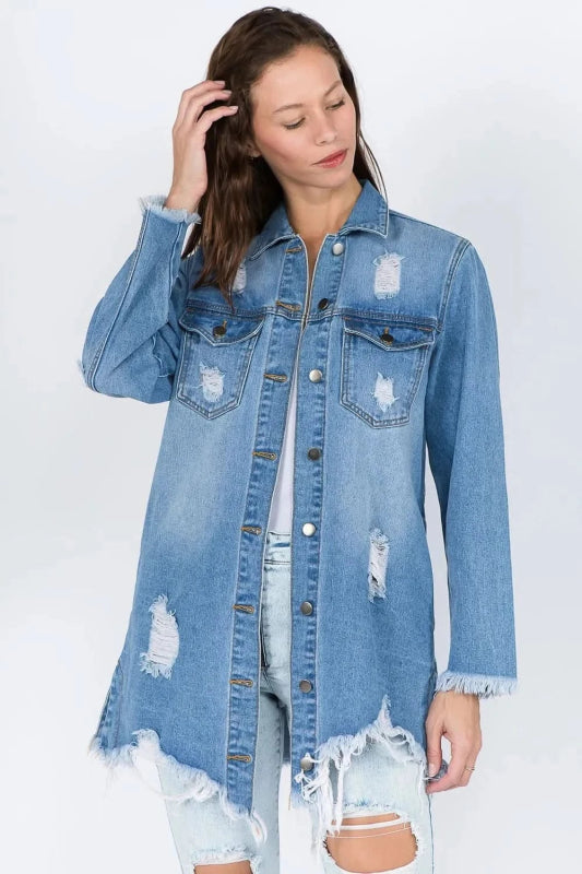American Bazi Distressed Frayed Hem Denim Jacket - ShalayeFashion