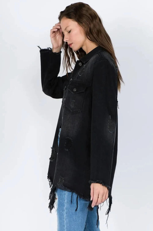 American Bazi Distressed Frayed Hem Denim Jacket - ShalayeFashion