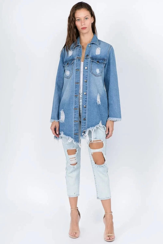 American Bazi Distressed Frayed Hem Denim Jacket - ShalayeFashion
