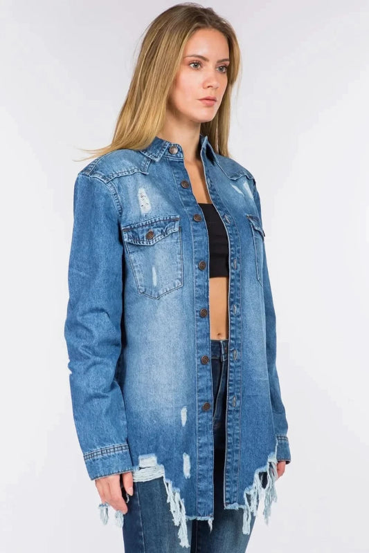 American Bazi Distressed Frayed Hem Denim Jacket - ShalayeFashion