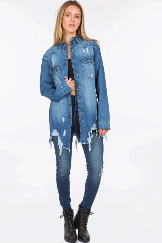 American Bazi Distressed Frayed Hem Denim Jacket - ShalayeFashion