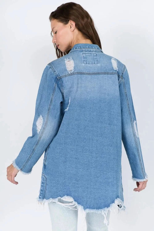 American Bazi Distressed Frayed Hem Denim Jacket - ShalayeFashion