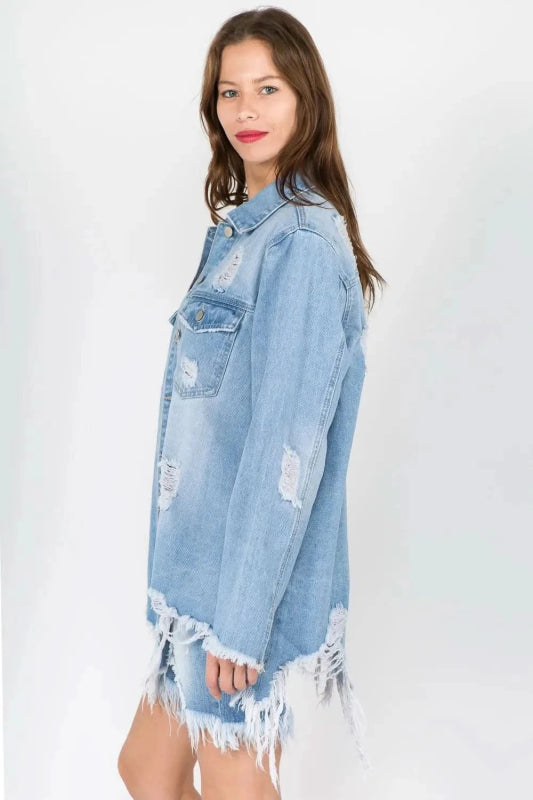 American Bazi Distressed Frayed Hem Denim Jacket - ShalayeFashion