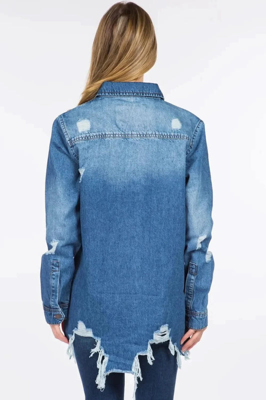 American Bazi Distressed Frayed Hem Denim Jacket - ShalayeFashion