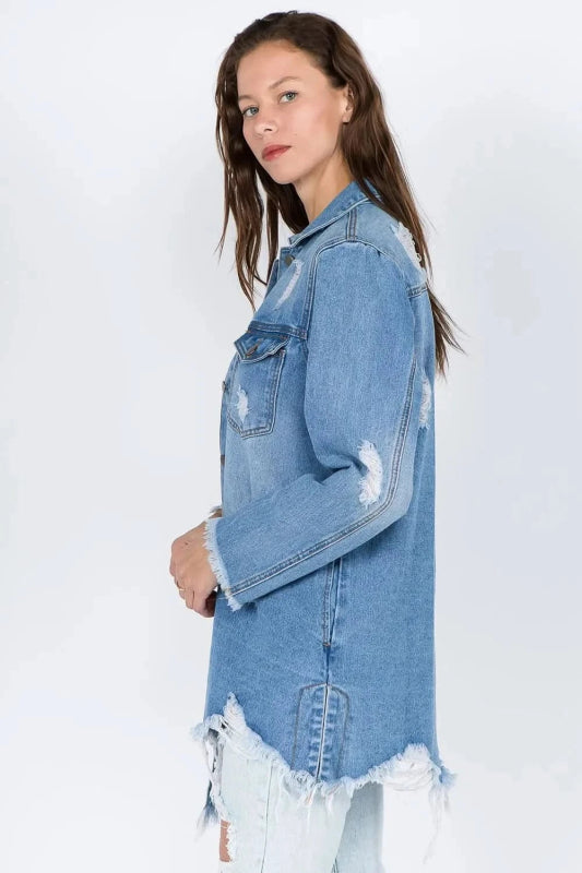 American Bazi Distressed Frayed Hem Denim Jacket - ShalayeFashion