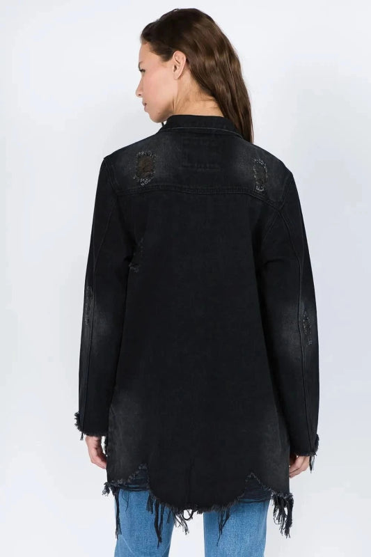 American Bazi Distressed Frayed Hem Denim Jacket - ShalayeFashion