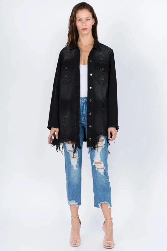 American Bazi Distressed Frayed Hem Denim Jacket - ShalayeFashion