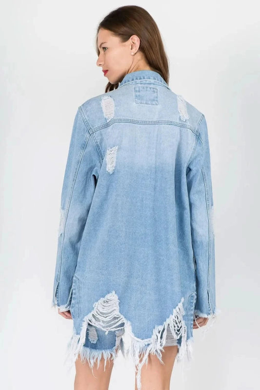 American Bazi Distressed Frayed Hem Denim Jacket - ShalayeFashion