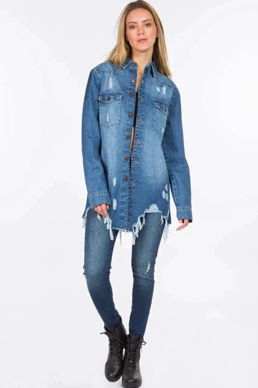 American Bazi Distressed Frayed Hem Denim Jacket - ShalayeFashion