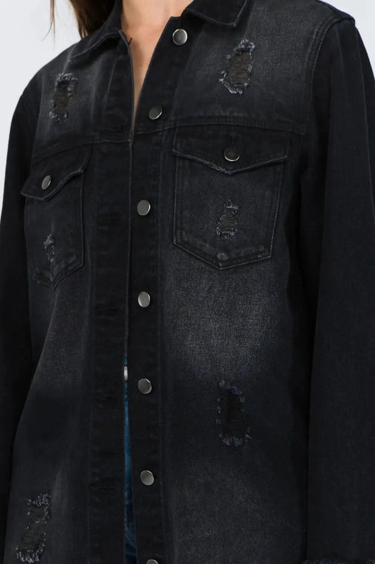 American Bazi Distressed Frayed Hem Denim Jacket - ShalayeFashion