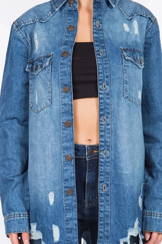 American Bazi Distressed Frayed Hem Denim Jacket - ShalayeFashion