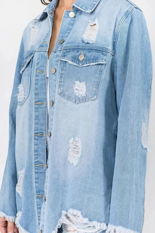 American Bazi Distressed Frayed Hem Denim Jacket - ShalayeFashion