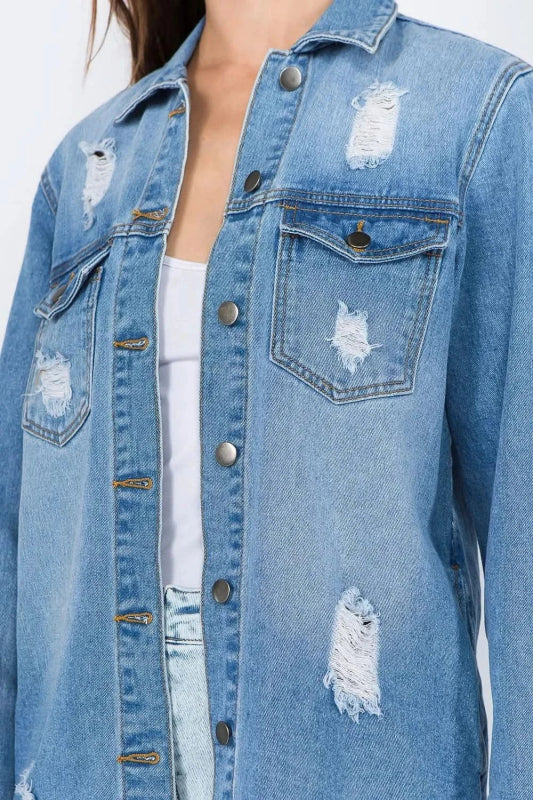 American Bazi Distressed Frayed Hem Denim Jacket - ShalayeFashion