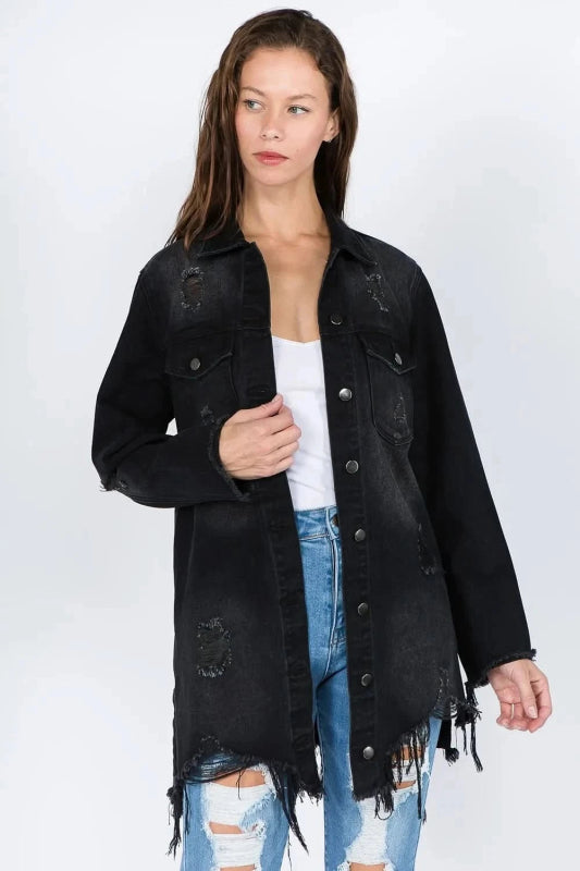 American Bazi Distressed Frayed Hem Denim Jacket - ShalayeFashion