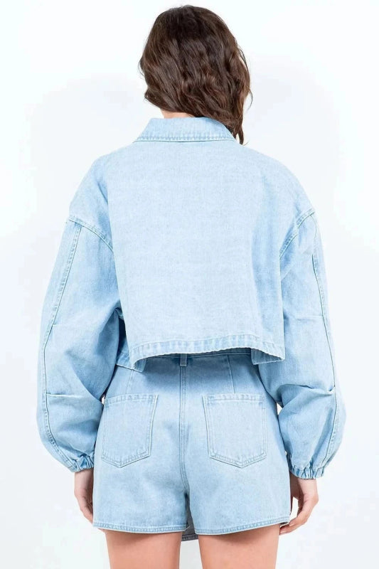 American Bazi Drawstring Waist Crop Denim Jacket - ShalayeFashion