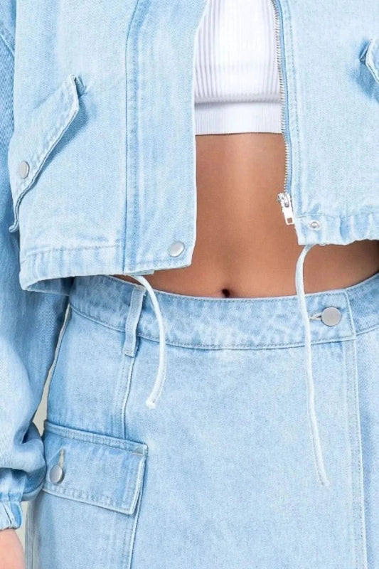 American Bazi Drawstring Waist Crop Denim Jacket - ShalayeFashion