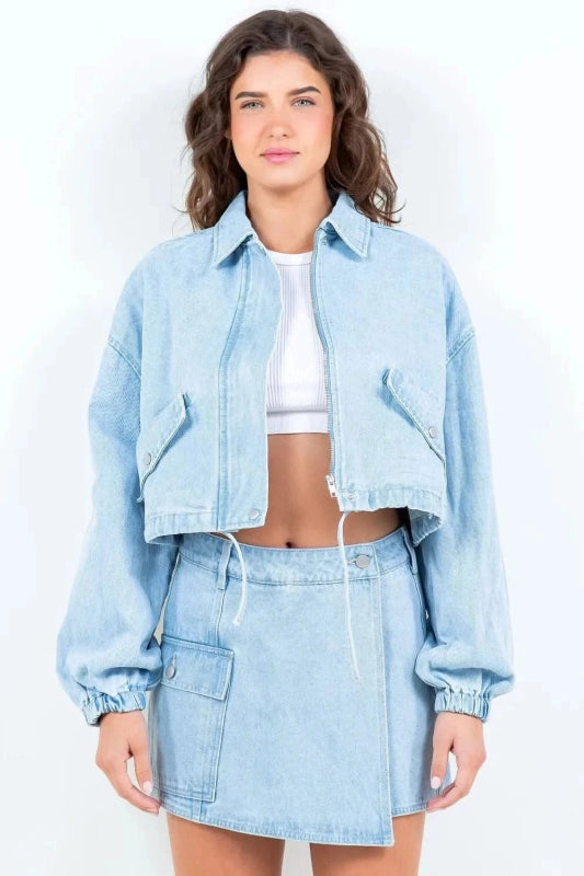 American Bazi Drawstring Waist Crop Denim Jacket - ShalayeFashion