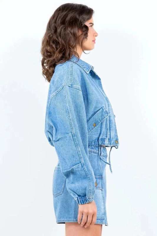 American Bazi Drawstring Waist Crop Denim Jacket - ShalayeFashion