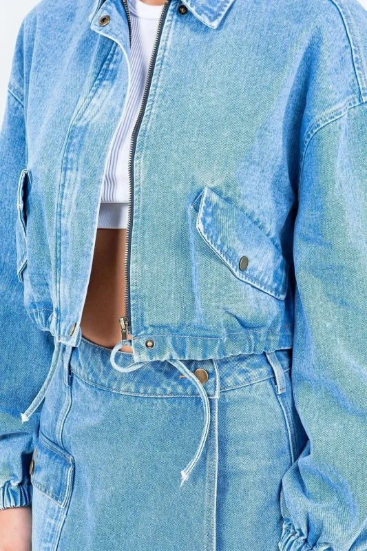 American Bazi Drawstring Waist Crop Denim Jacket - ShalayeFashion