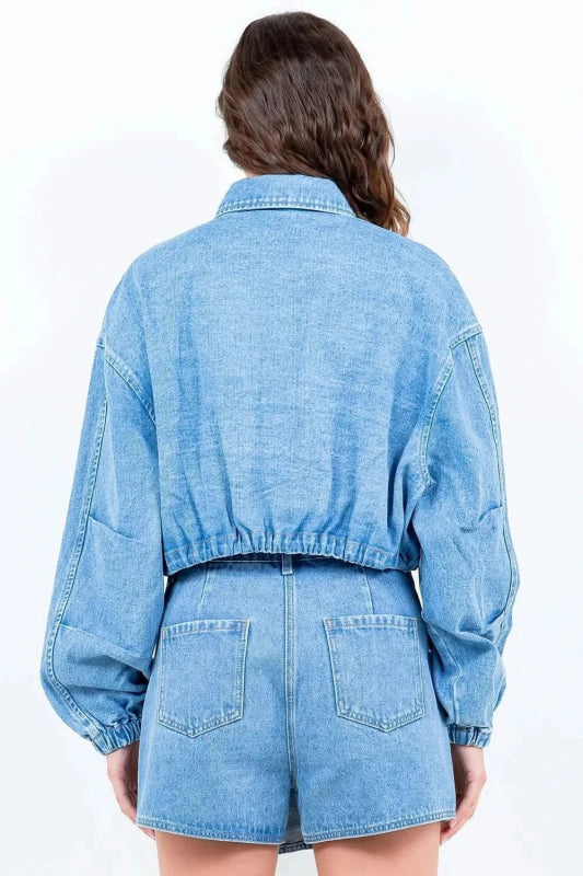 American Bazi Drawstring Waist Crop Denim Jacket - ShalayeFashion