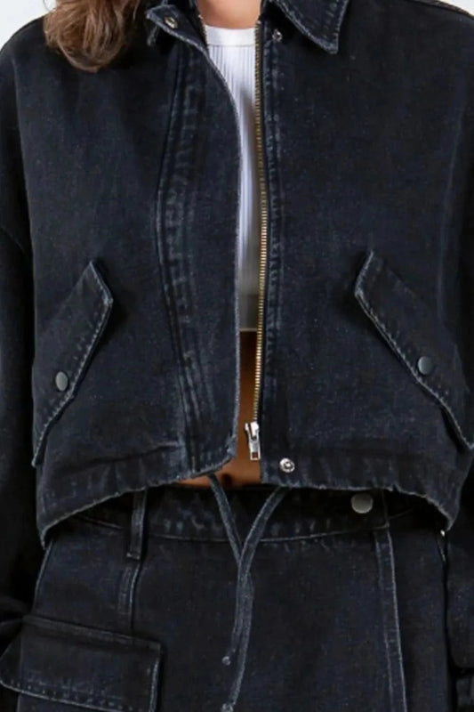 American Bazi Drawstring Waist Crop Denim Jacket - ShalayeFashion