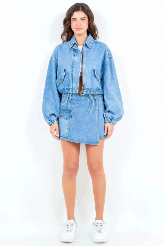 American Bazi Drawstring Waist Crop Denim Jacket - ShalayeFashion
