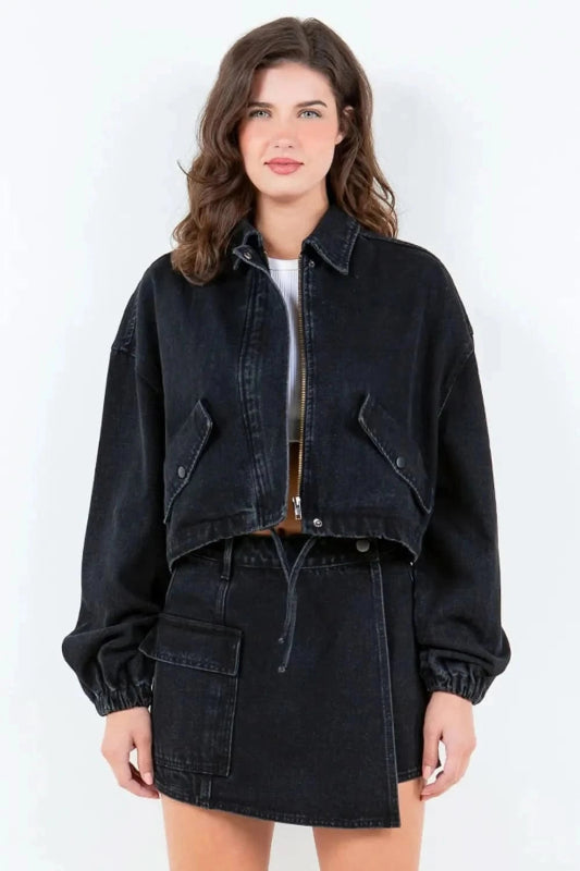 American Bazi Drawstring Waist Crop Denim Jacket - ShalayeFashion