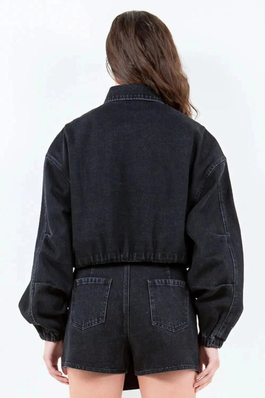American Bazi Drawstring Waist Crop Denim Jacket - ShalayeFashion