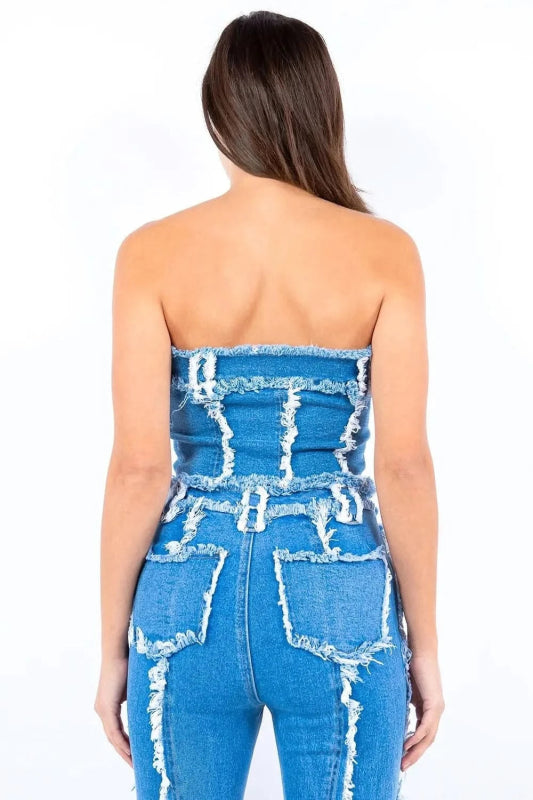American Bazi Frayed Edge Denim Corset Top - ShalayeFashion