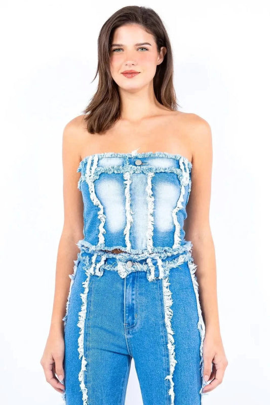 American Bazi Frayed Edge Denim Corset Top - ShalayeFashion
