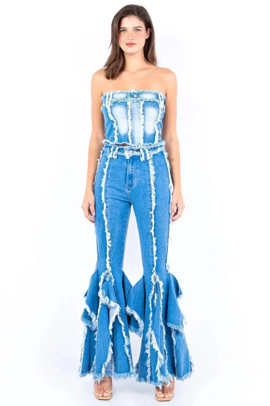 American Bazi Frayed Edge Denim Corset Top - ShalayeFashion