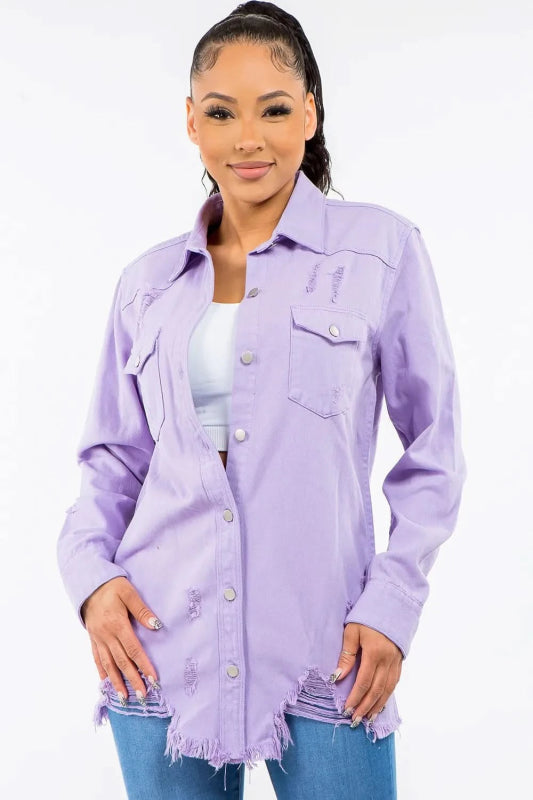 American Bazi Frayed Hem Distressed Denim Jacket - ShalayeFashion