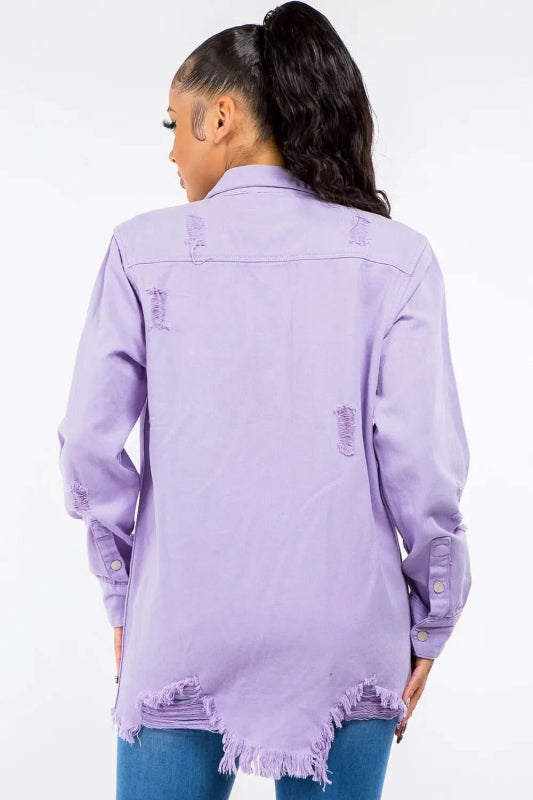 American Bazi Frayed Hem Distressed Denim Jacket - ShalayeFashion