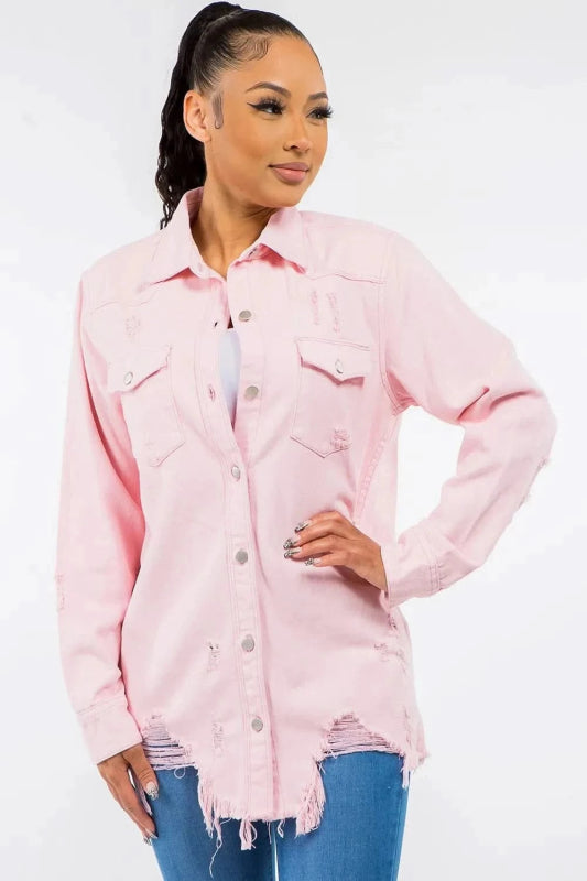 American Bazi Frayed Hem Distressed Denim Jacket - ShalayeFashion