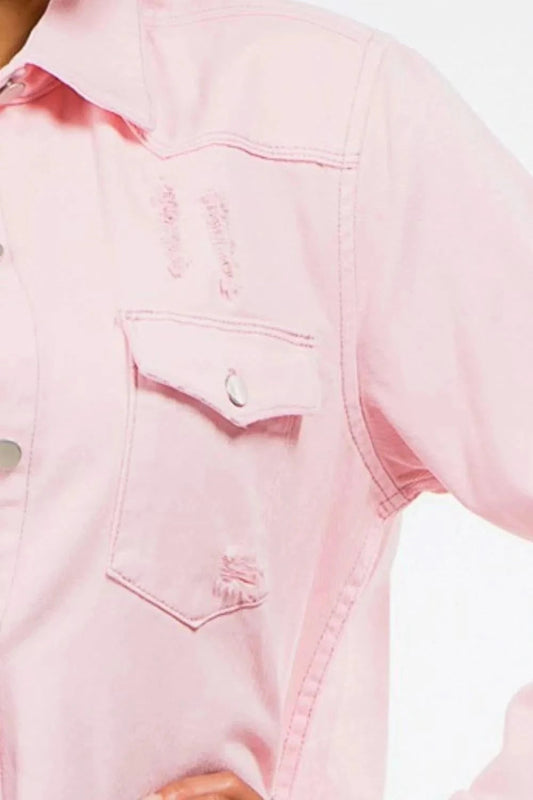 American Bazi Frayed Hem Distressed Denim Jacket - ShalayeFashion