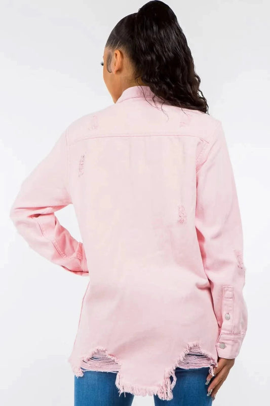 American Bazi Frayed Hem Distressed Denim Jacket - ShalayeFashion