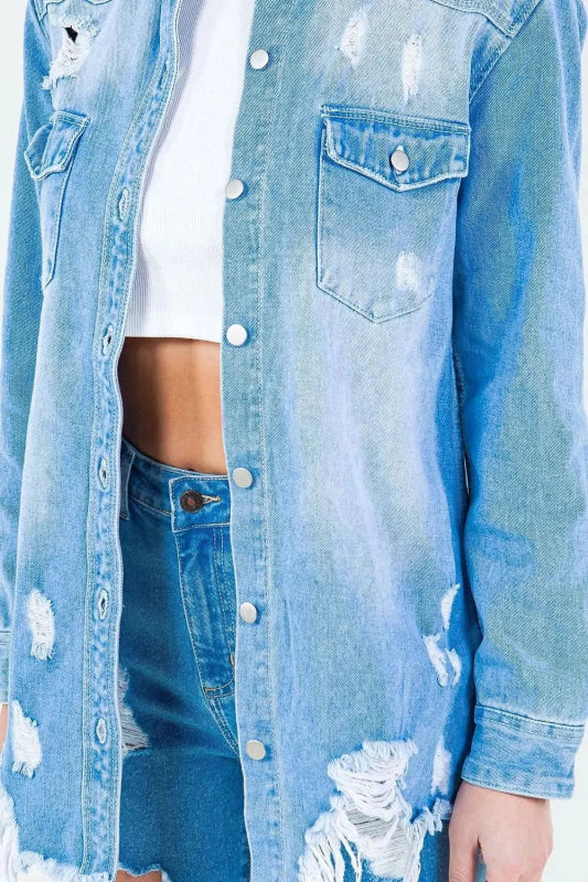 American Bazi Frayed Hem Distressed Denim Shirt Jacket - ShalayeFashion