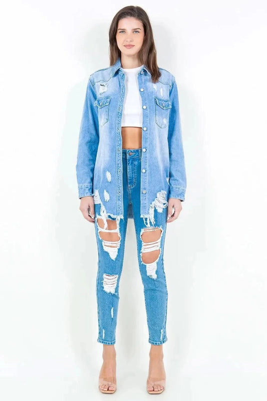 American Bazi Frayed Hem Distressed Denim Shirt Jacket - ShalayeFashion