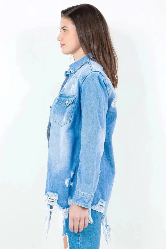 American Bazi Frayed Hem Distressed Denim Shirt Jacket - ShalayeFashion