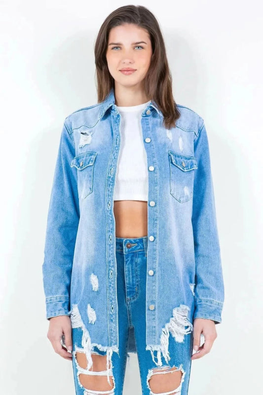 American Bazi Frayed Hem Distressed Denim Shirt Jacket - ShalayeFashion