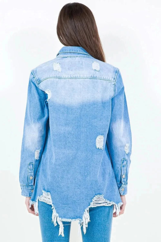 American Bazi Frayed Hem Distressed Denim Shirt Jacket - ShalayeFashion