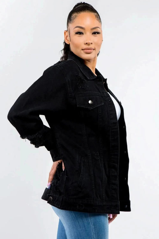 American Bazi Full Size Button Up Distressed Denim Jacket - ShalayeFashion