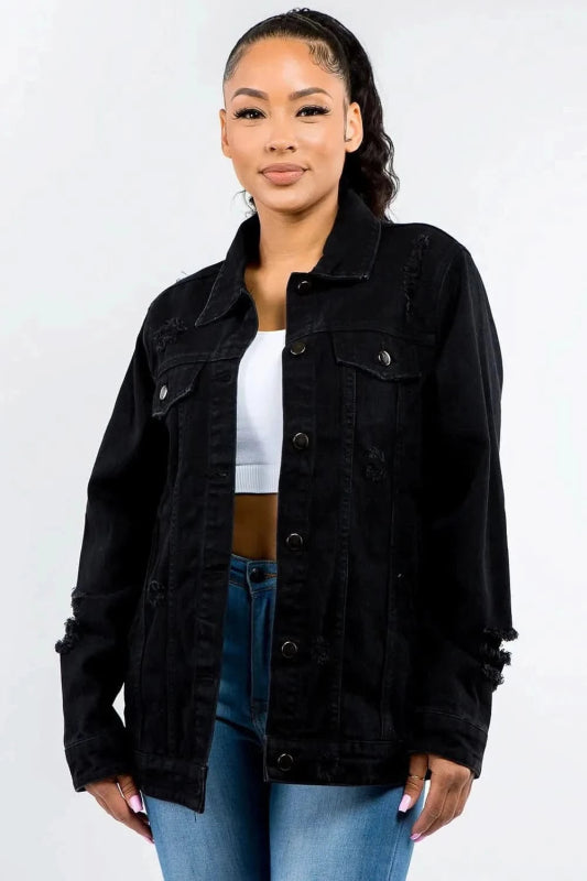 American Bazi Full Size Button Up Distressed Denim Jacket - ShalayeFashion