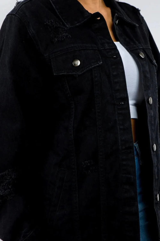 American Bazi Full Size Button Up Distressed Denim Jacket - ShalayeFashion