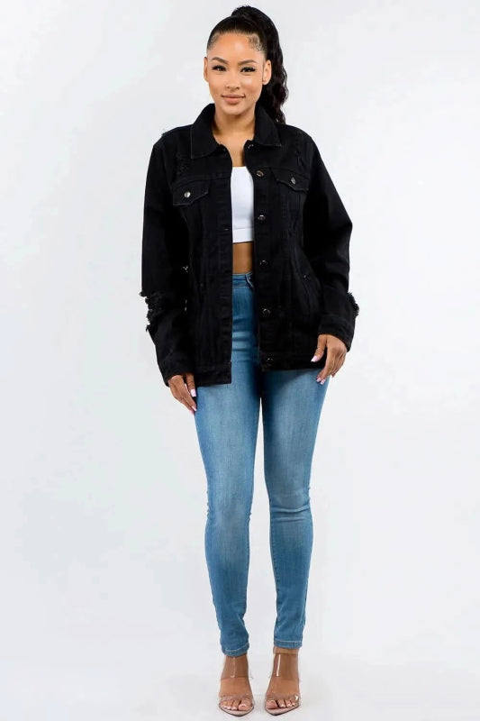 American Bazi Full Size Button Up Distressed Denim Jacket - ShalayeFashion