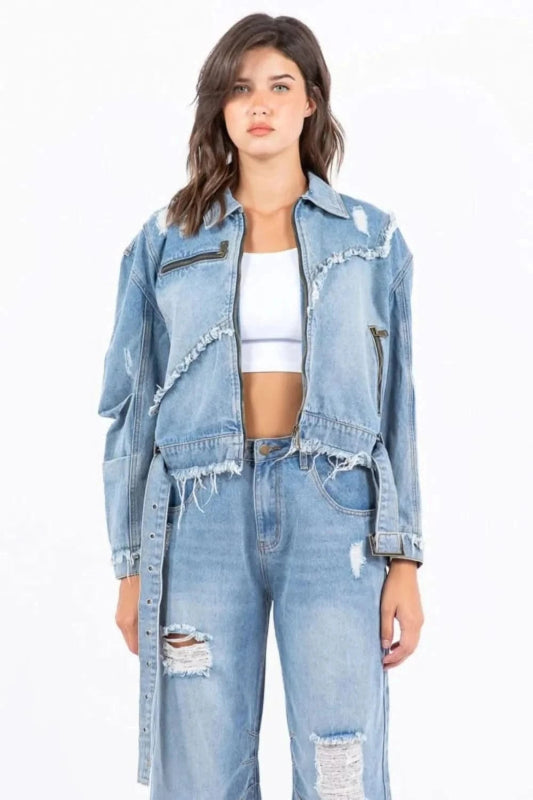 American Bazi Full Size Distressed Frayed Edge Zip Up Denim Jacket Plus Size - ShalayeFashion