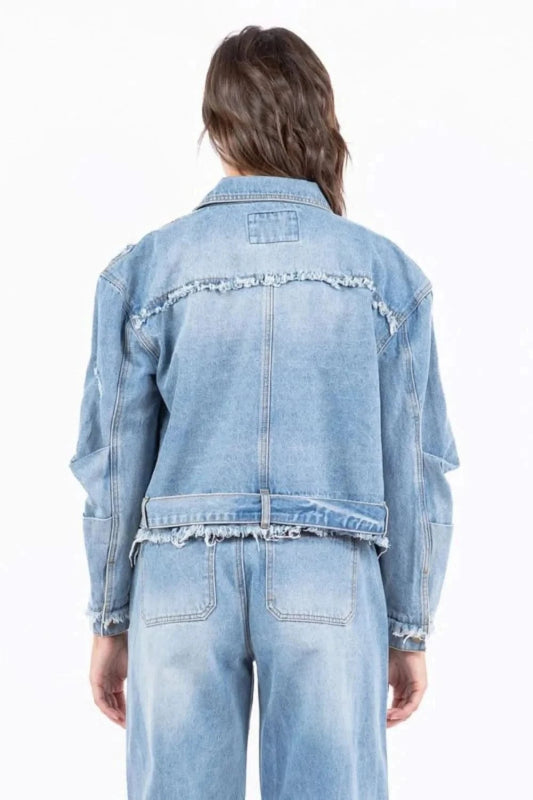 American Bazi Full Size Distressed Frayed Edge Zip Up Denim Jacket Plus Size - ShalayeFashion