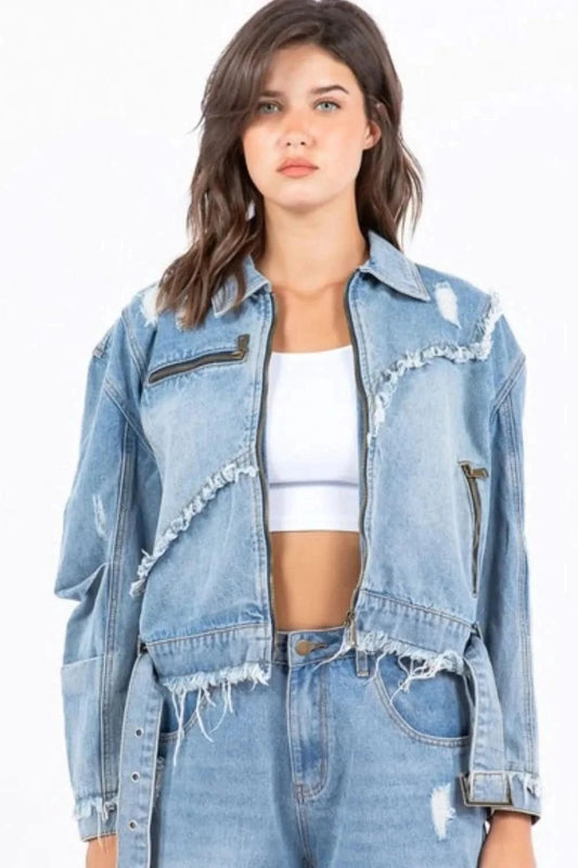 American Bazi Full Size Distressed Frayed Edge Zip Up Denim Jacket Plus Size - ShalayeFashion